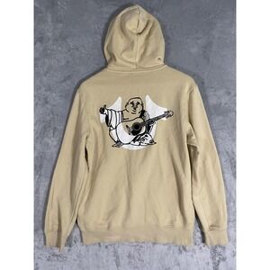 True Religion Hoodie Mens Small Tan Over Lap Buddha Zip Up Fleece Streetwear